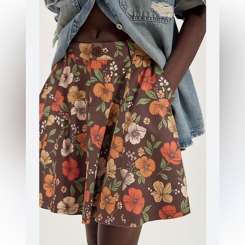 Free People Dahlia Printed Circle Mini Skirt Chocolate Combo NWT Retail $98